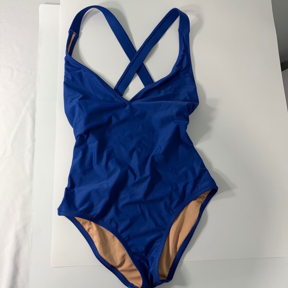 J.Crew Womens Blue Plunge V-Neck Cross-Back One-Piece Swimsuit Size 2 New
